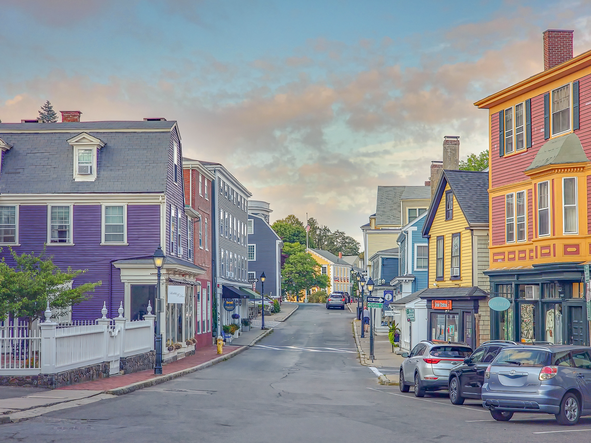 Colorful colonial storefronts on Washington Street, Old Town Marblehead